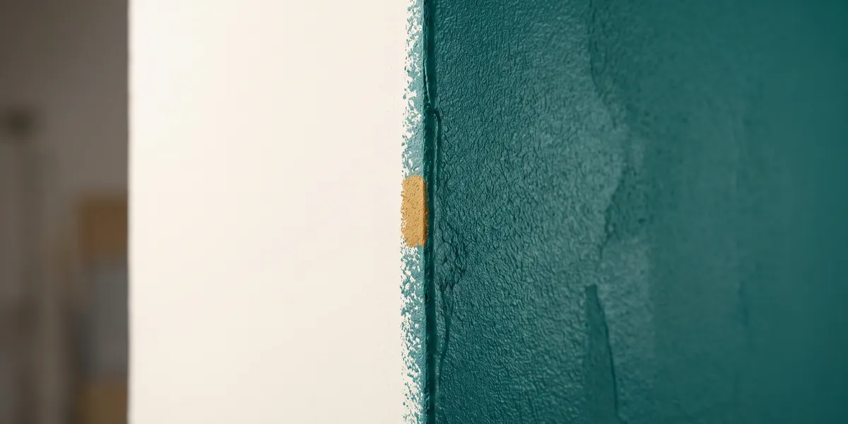 An unpainted bone-colored plaster wall meeting a freshly rolled kiva-turquoise paint coat along one clean straight edge, visible roller-nap texture, soft studio light, no people or room visible.